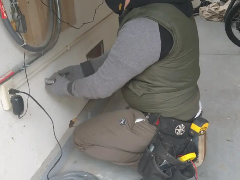 Electrician performing outlet wiring in a Myrtle Beach garage